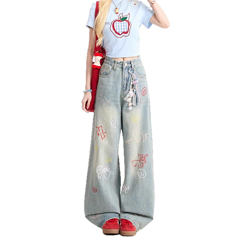 Blaue Jeans mit Cartoon-Stickerei