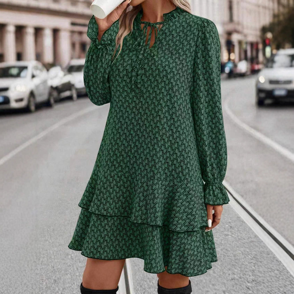 Grünes Printkleid mit ausgestellten Ärmeln und V-Ausschnitt – Bild 3 | LuxeStyle