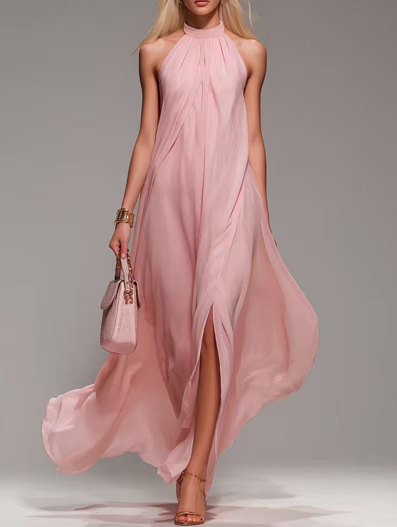 Pinkes, bodenlanges Neckholder-Kleid mit offenem Rücken – Bild 4 | LuxeStyle