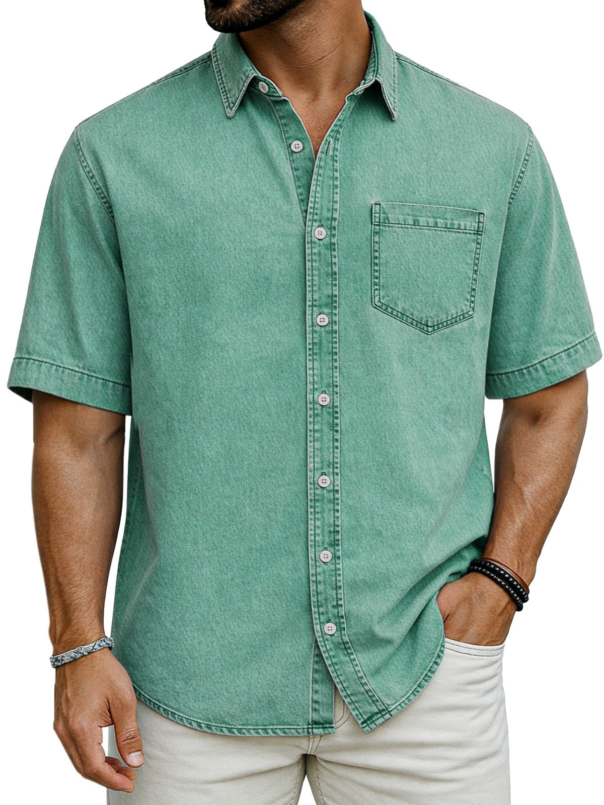 Herren Kurzarm-Casual-Shirt Sommer Sandgewaschen