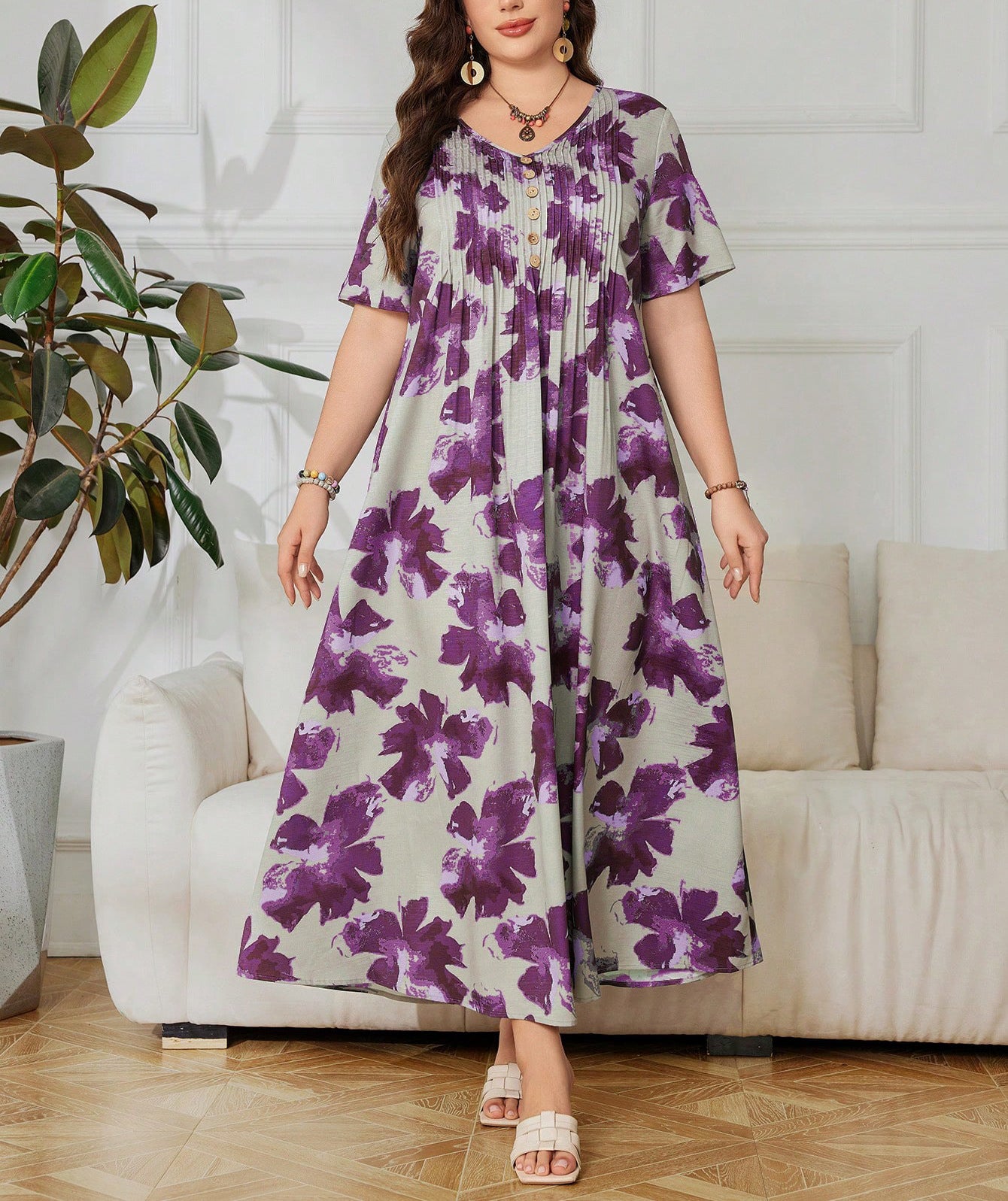 Bedrucktes V-Ausschnitt A-Linien Kleid