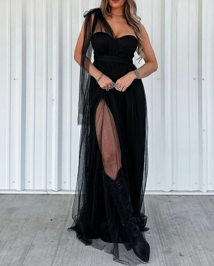 Elegantes Mesh-Panel Maxikleid mit Rückenausschnitt