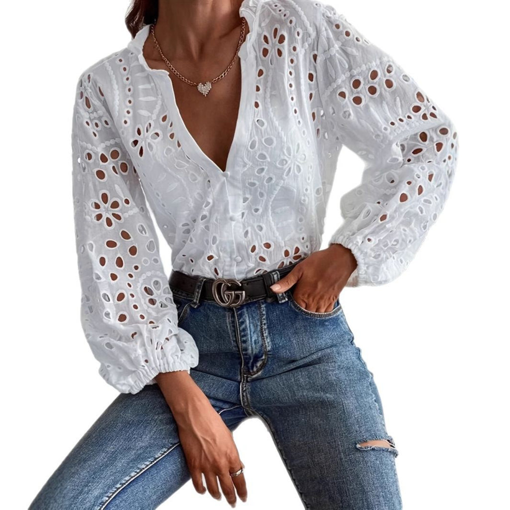 Damen Bluse Weiss mit Lochstickerei – Bild 5 | LuxeStyle