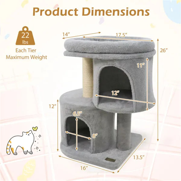 Kompakter Katzenbaum mit 2 Höhlen & Sisal-Kratzstämmen
