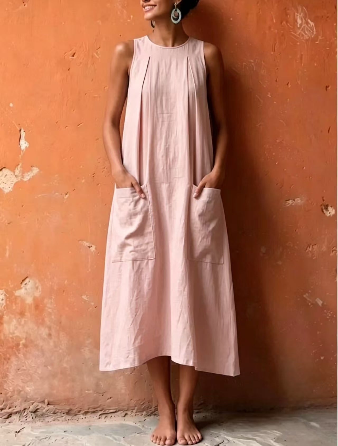 Einfarbiger Kurzarm-Lockerkleid mit Taschen