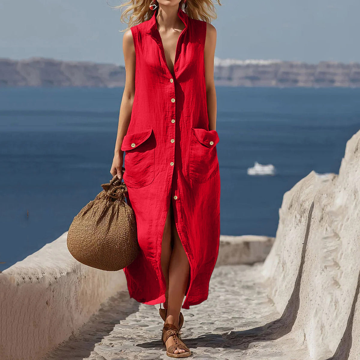 Ärmelloses Casual V-Neck Leinenkleid | LuxeStyle