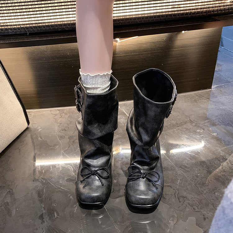 Schwarze Ballerina-Boots Retro mit Schleife