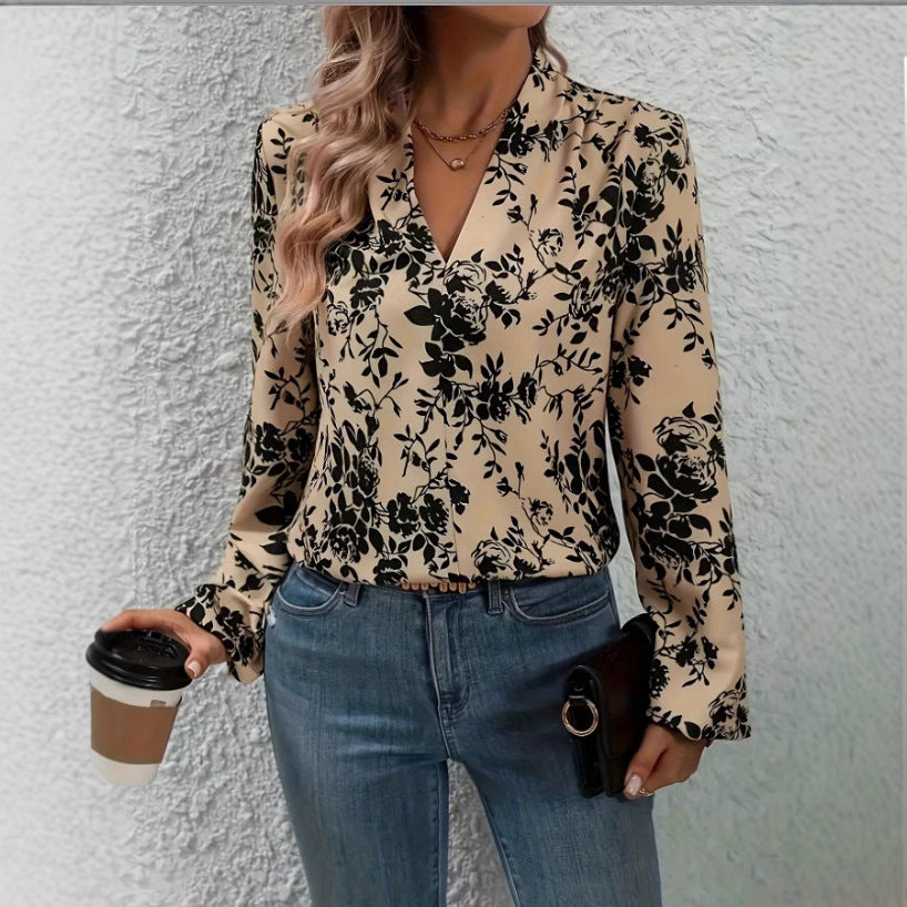 Elegantes V-Neck Langarmshirt mit Blumenprint