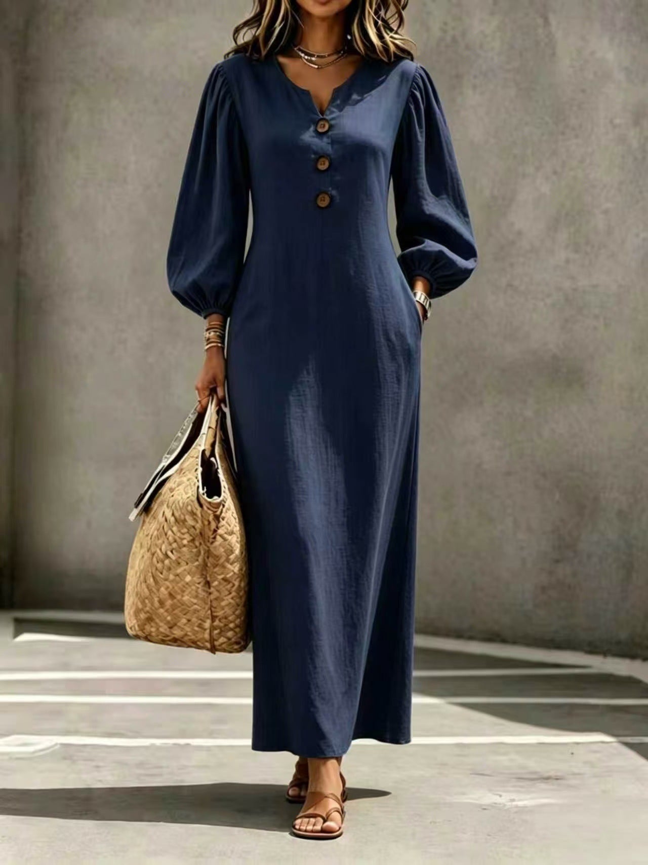 V-Ausschnitt A-Linien Kleid mit Puffärmeln