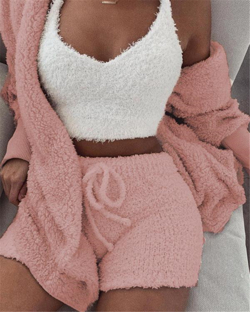 3er-Set Damen-Pyjama mit Langarm-Crop-Top und Bindebund-Shorts