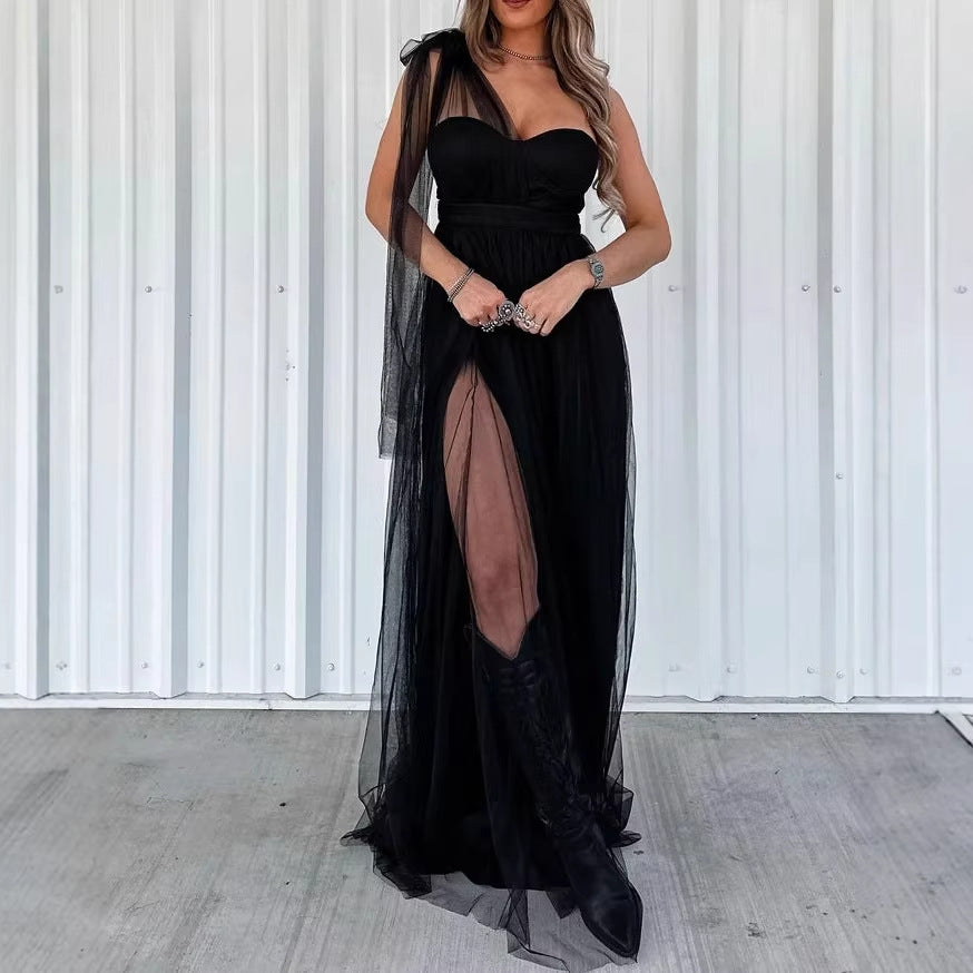 Elegantes Mesh-Panel Maxikleid mit Rückenausschnitt