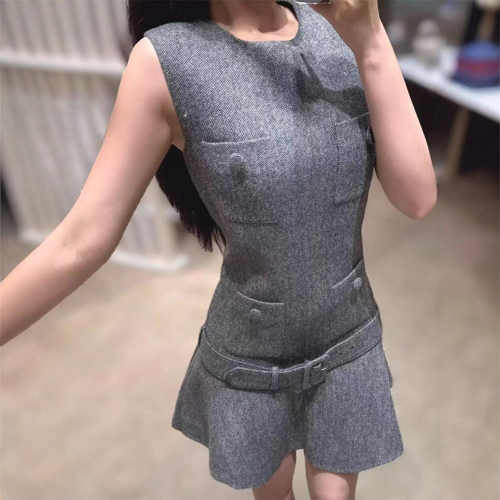 Woll-Tweed Charme-Style Slipkleid ohne Ärmel