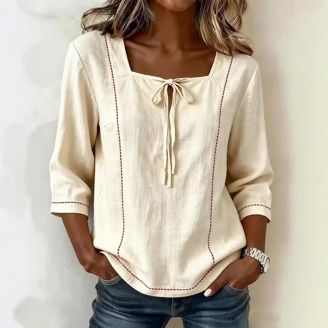 Bedrucktes Mid-Sleeve Shirt mit Schnürung – Bild 3 | LuxeStyle