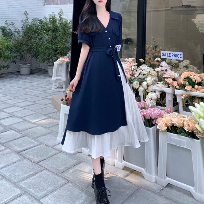 Midikleid «Bluette» – Fake-2-Teiler mit V-Ausschnitt