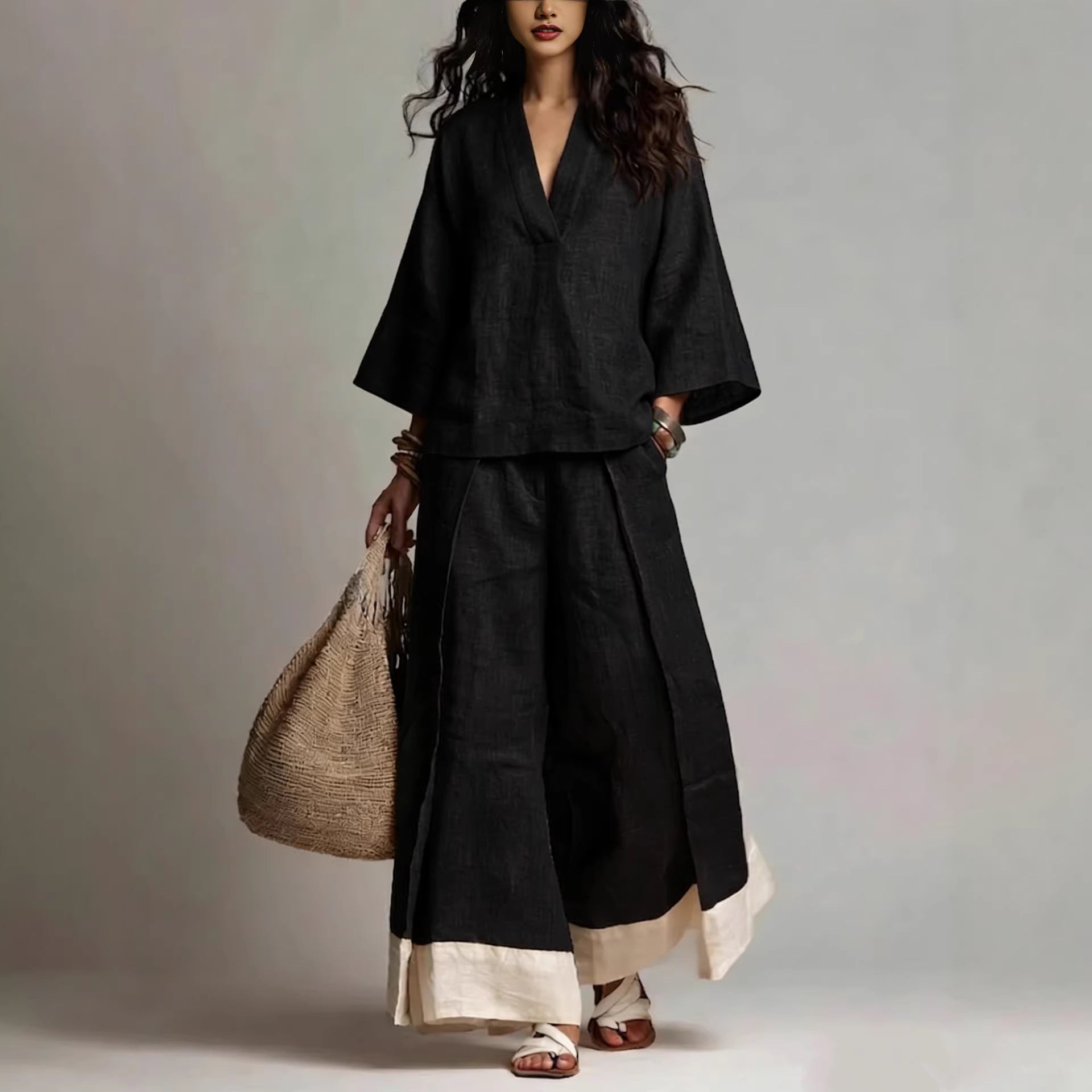 2-teiliges Leinen-Set «Provence» – Hemd & Wide-Leg-Hose