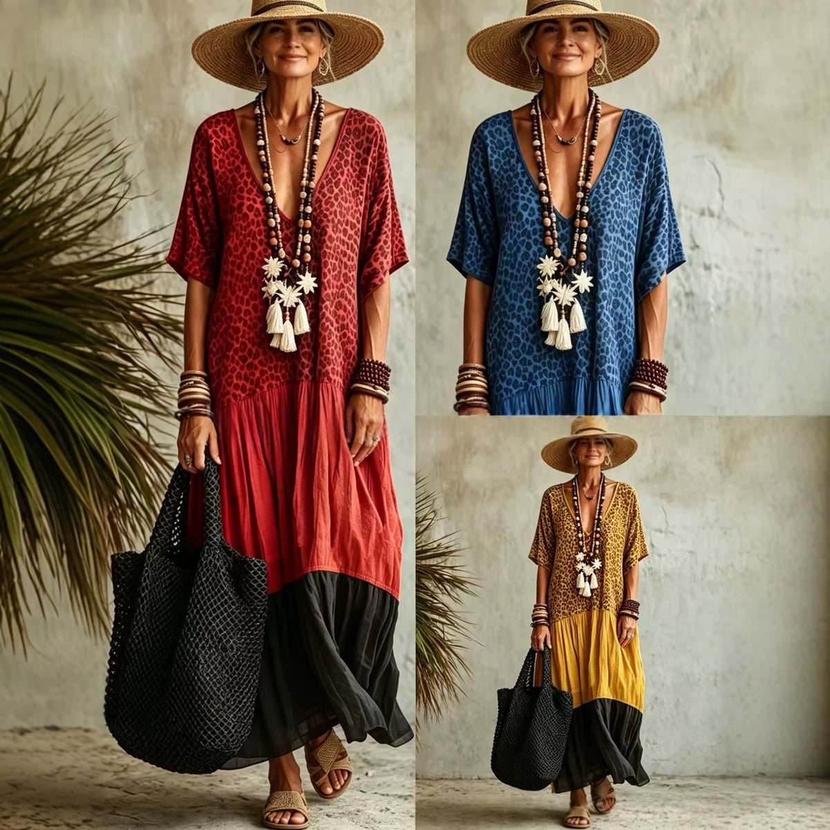 Langes Casual-Kleid mit Leo-Print und Color-Blocking – Bild 5 | LuxeStyle