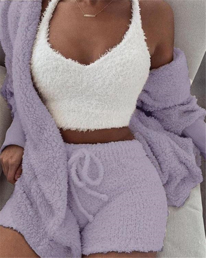 3er-Set Damen-Pyjama mit Langarm-Crop-Top und Bindebund-Shorts