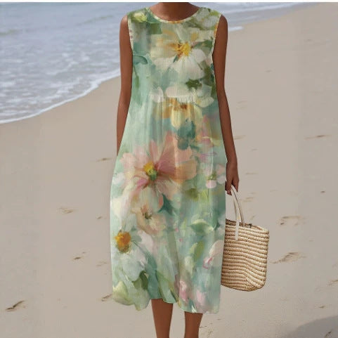 Ärmelloses Damenkleid mit 3D-Print und Taschen