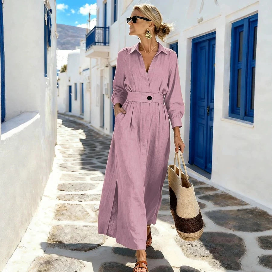 Langarm A-Linien Blusenkleid mit Schlitzkragen – Bild 7 | LuxeStyle