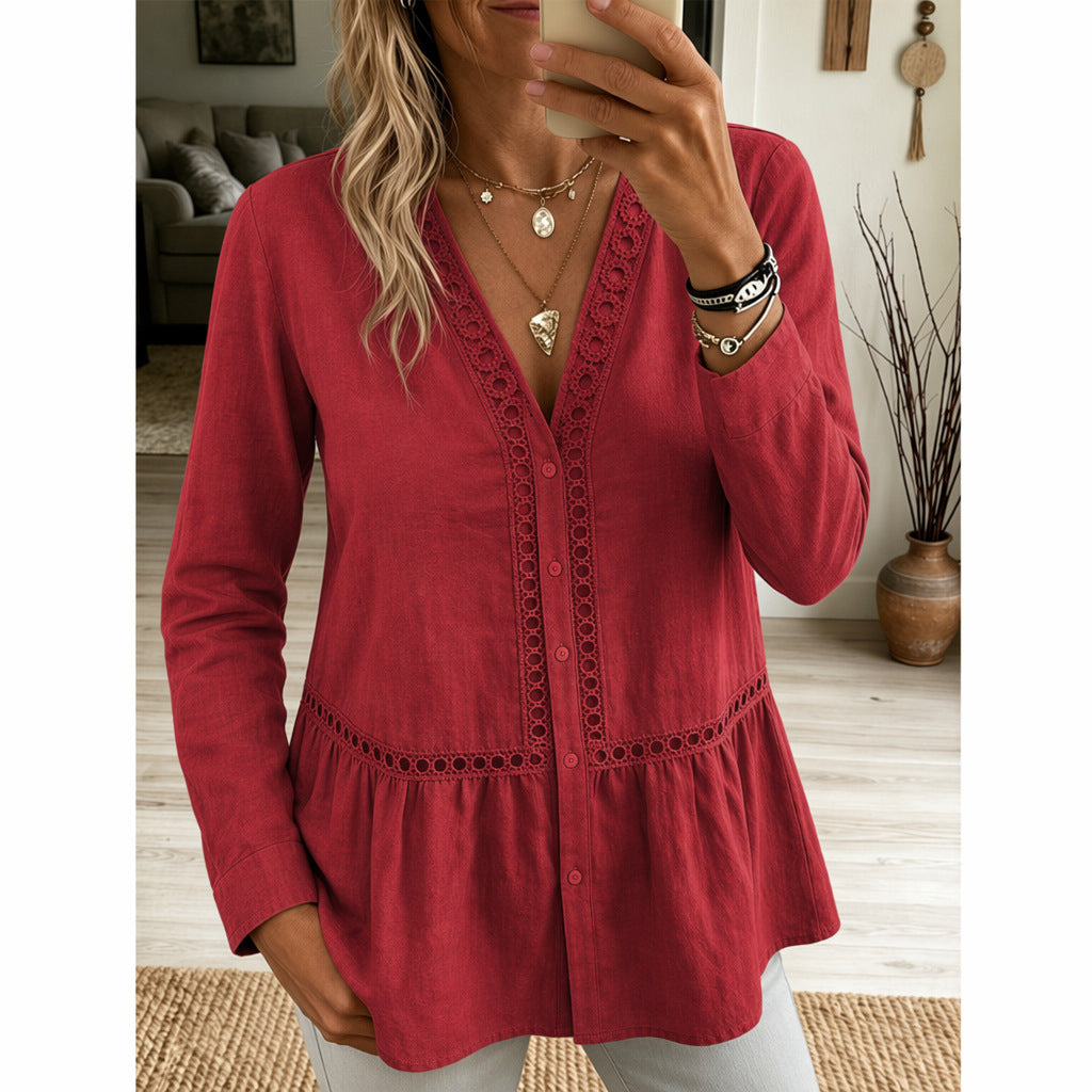 Casual Einfarbiges Langarm-Shirt mit Spitzendesign