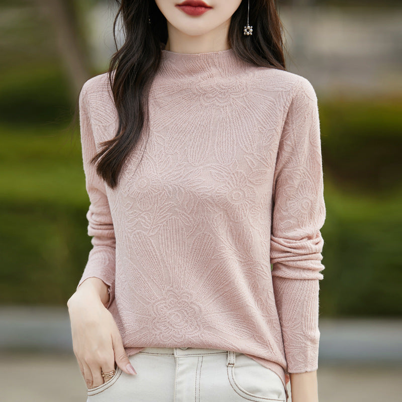 Feingestricktes Langarmshirt aus Wolle mit Stehkragen