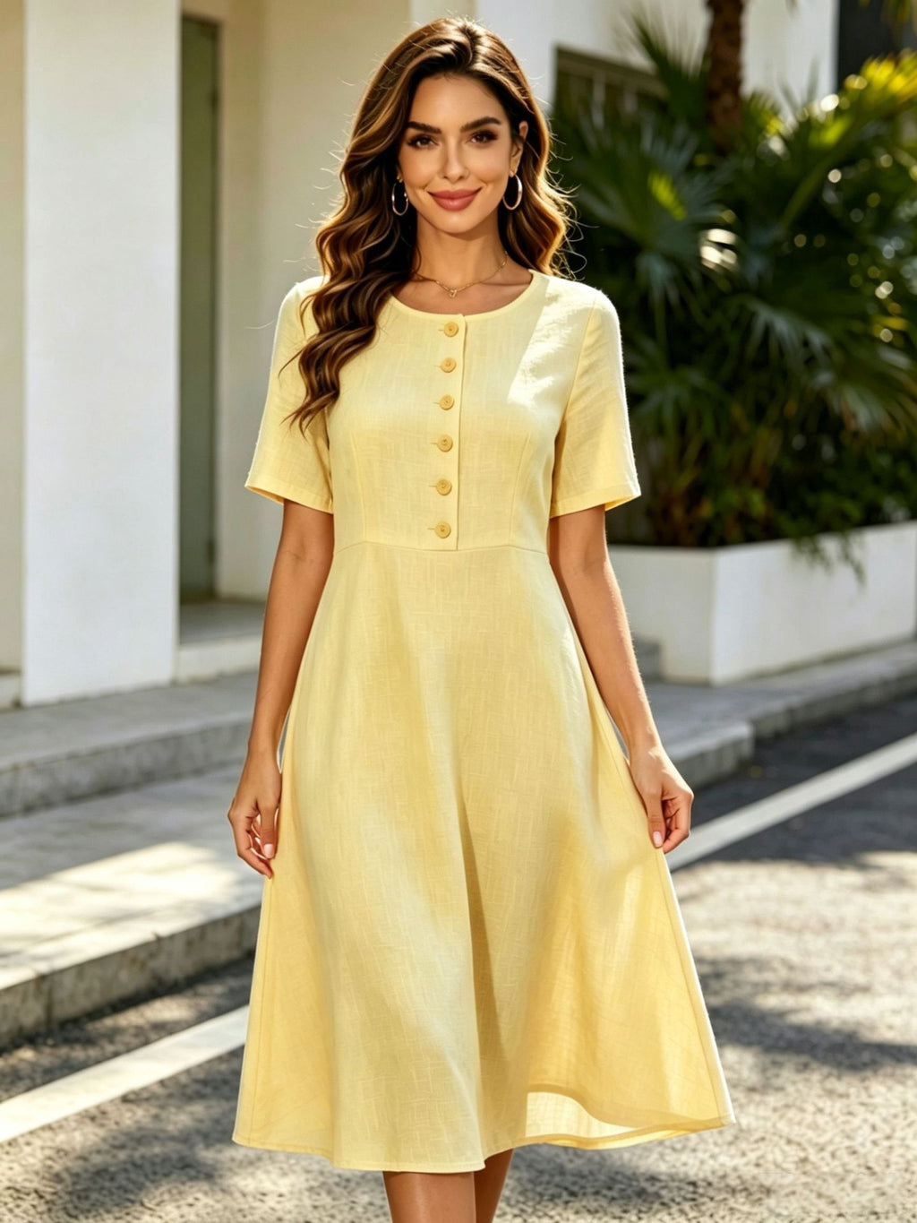 Elegantes A-Linien Midi-Kleid mit Knopfleiste – Bild 7 | LuxeStyle