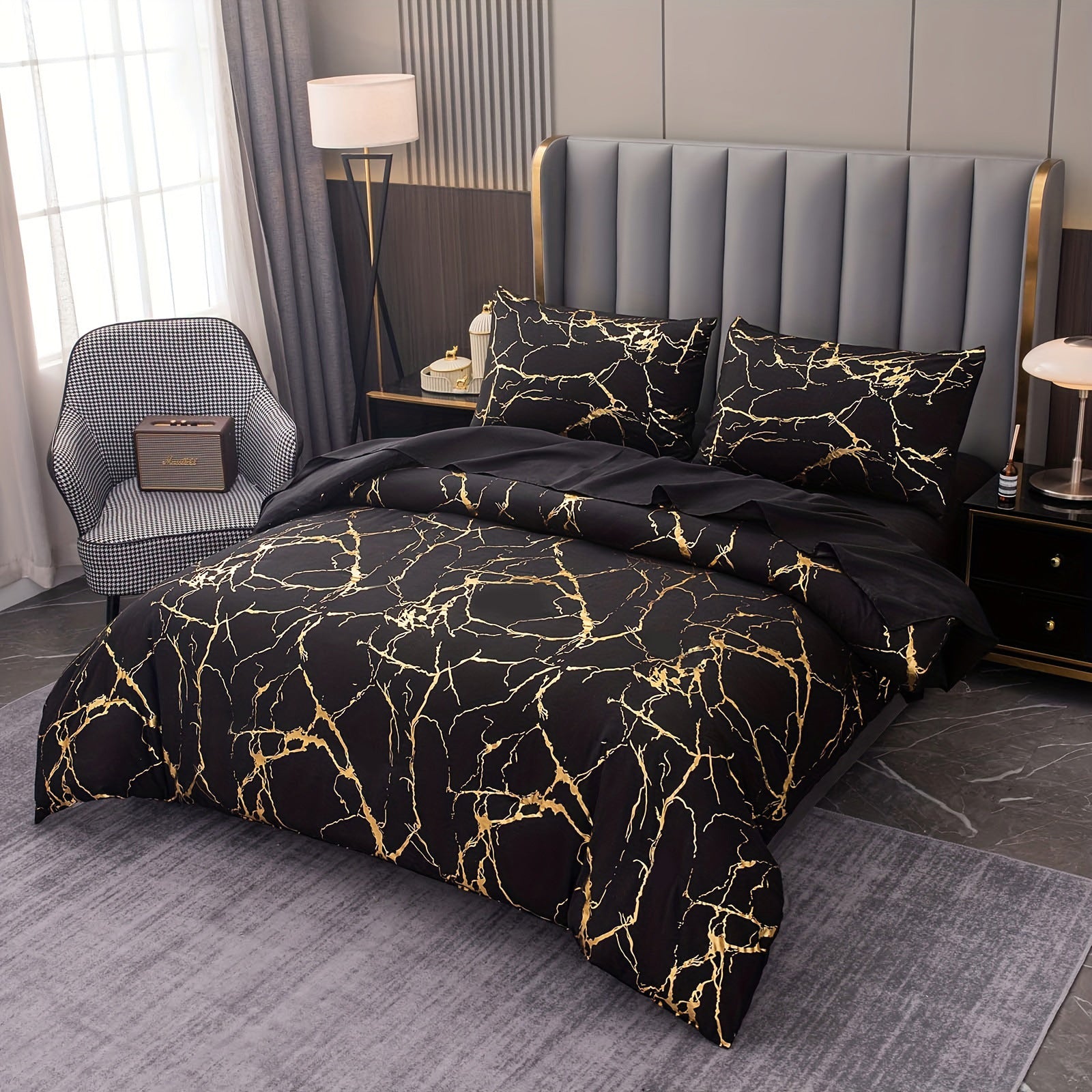 Marmor-Bettwäsche-Set mit Goldfolien-Muster
