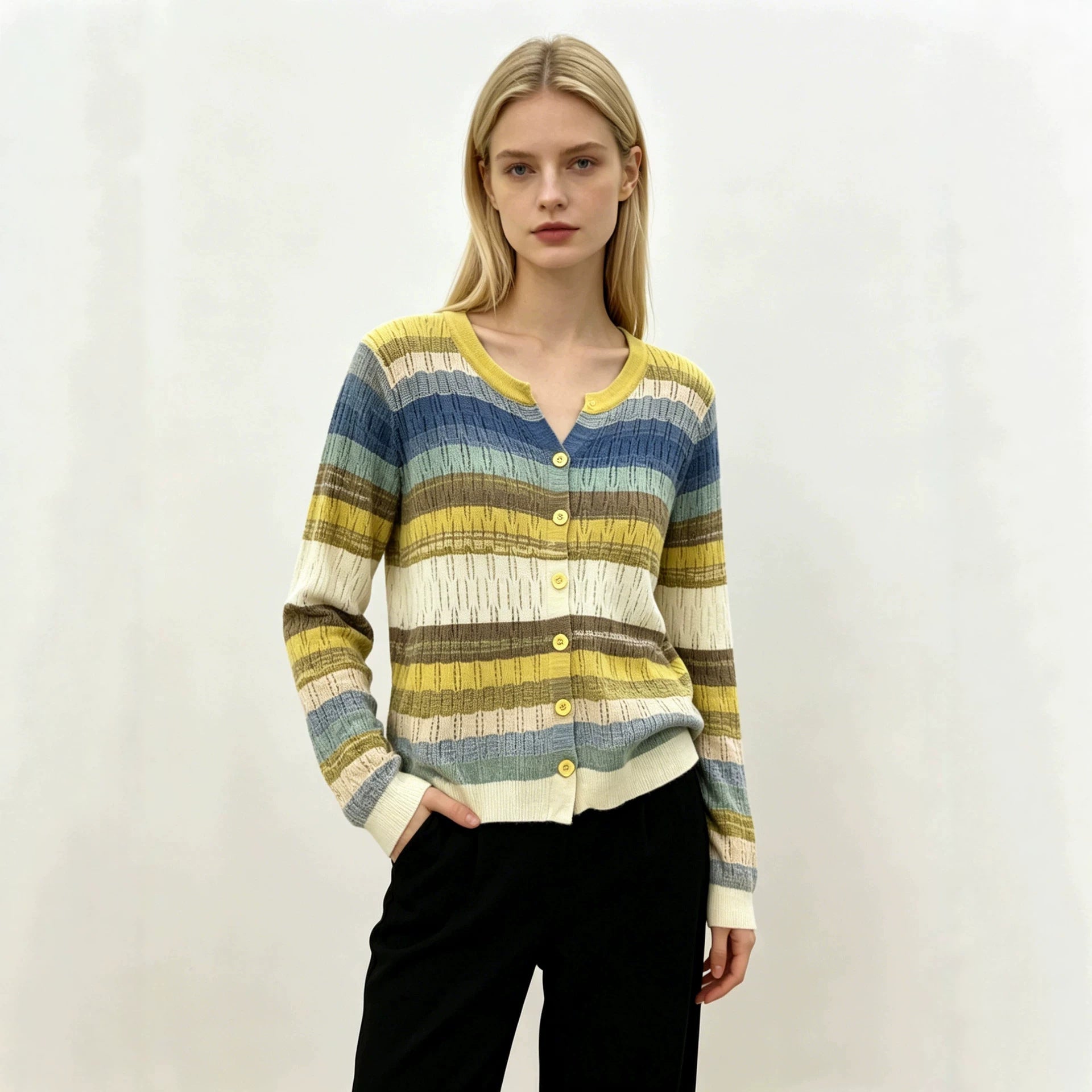 V-Neck Strick-Cardigan mit Farbblock-Streifen