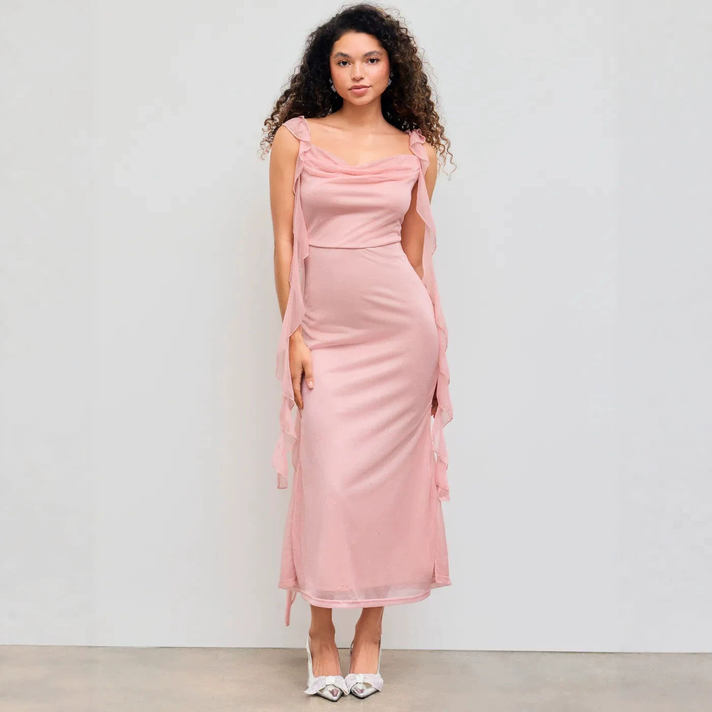 Pailletten Mesh Maxikleid mit Rüschen