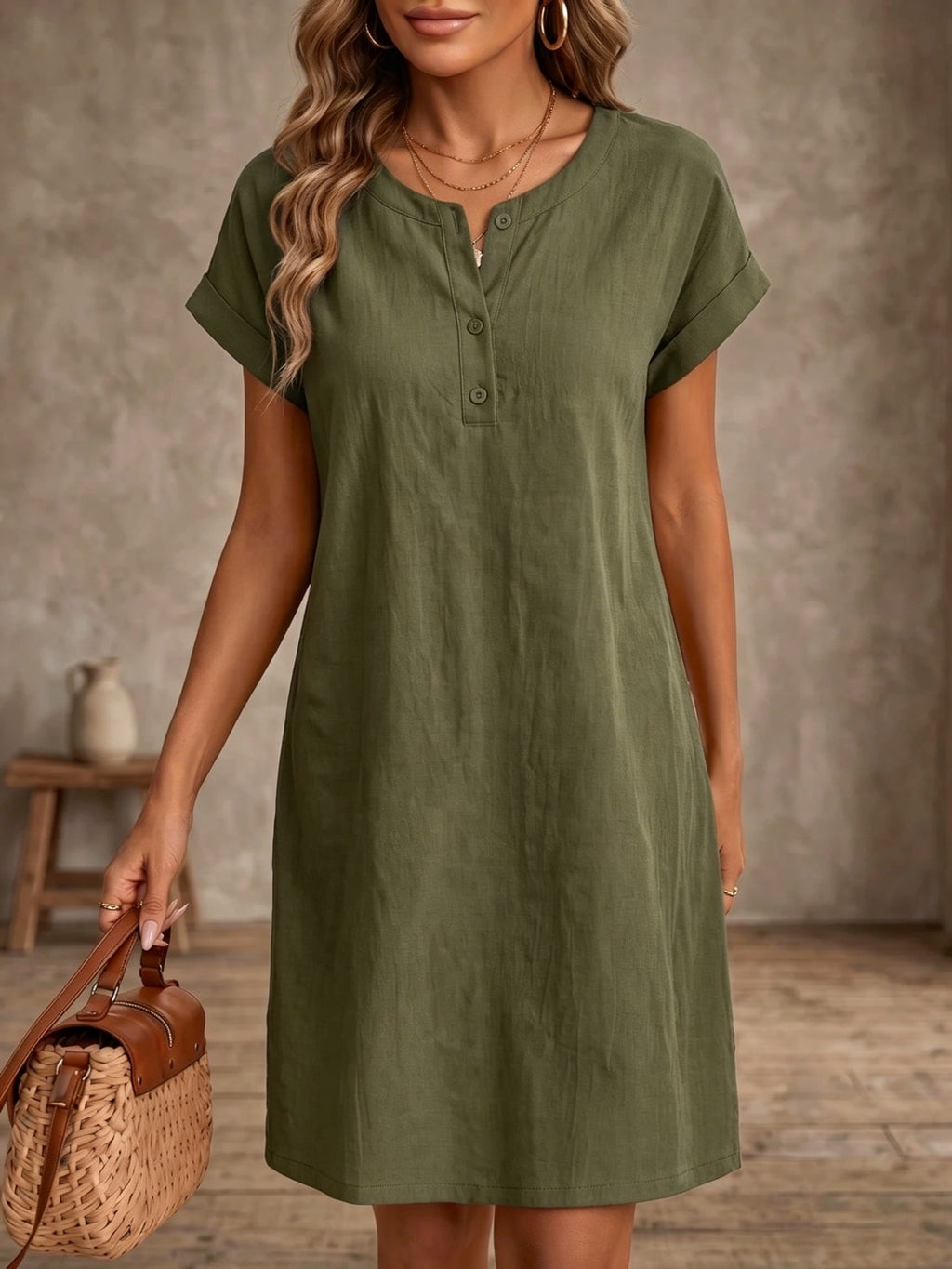 Loose Fit Midi-Kleid mit Rundhals und Knöpfen – Bild 12 | LuxeStyle