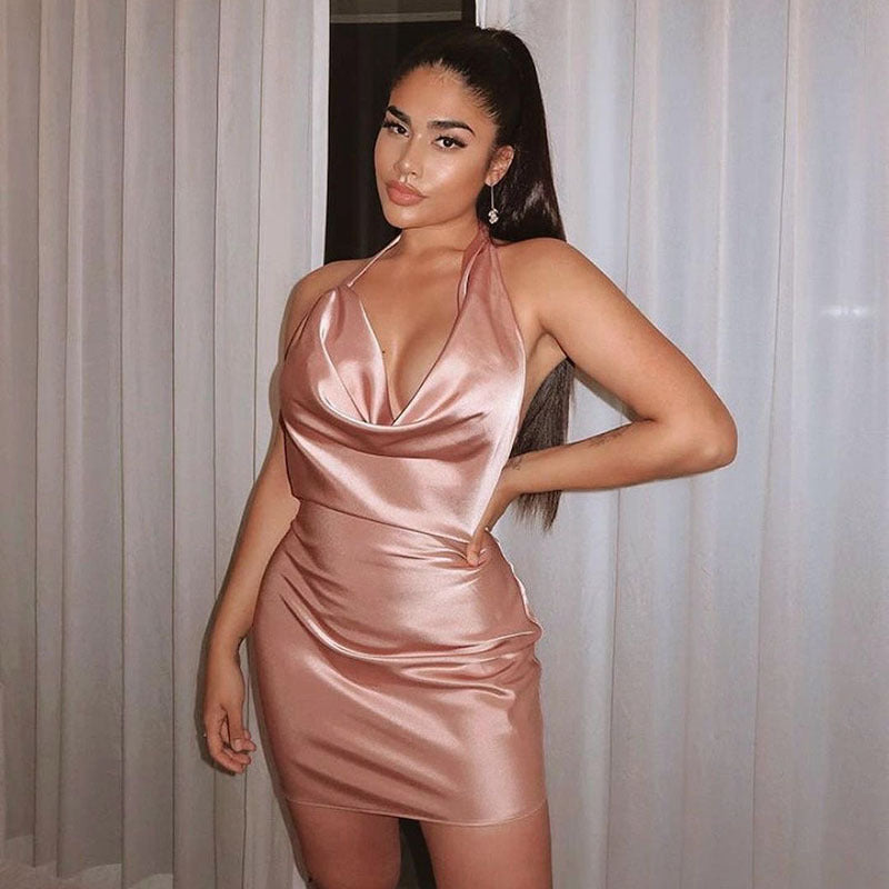 Satin-Partykleid, rückenfrei, V-Ausschnitt, Mini