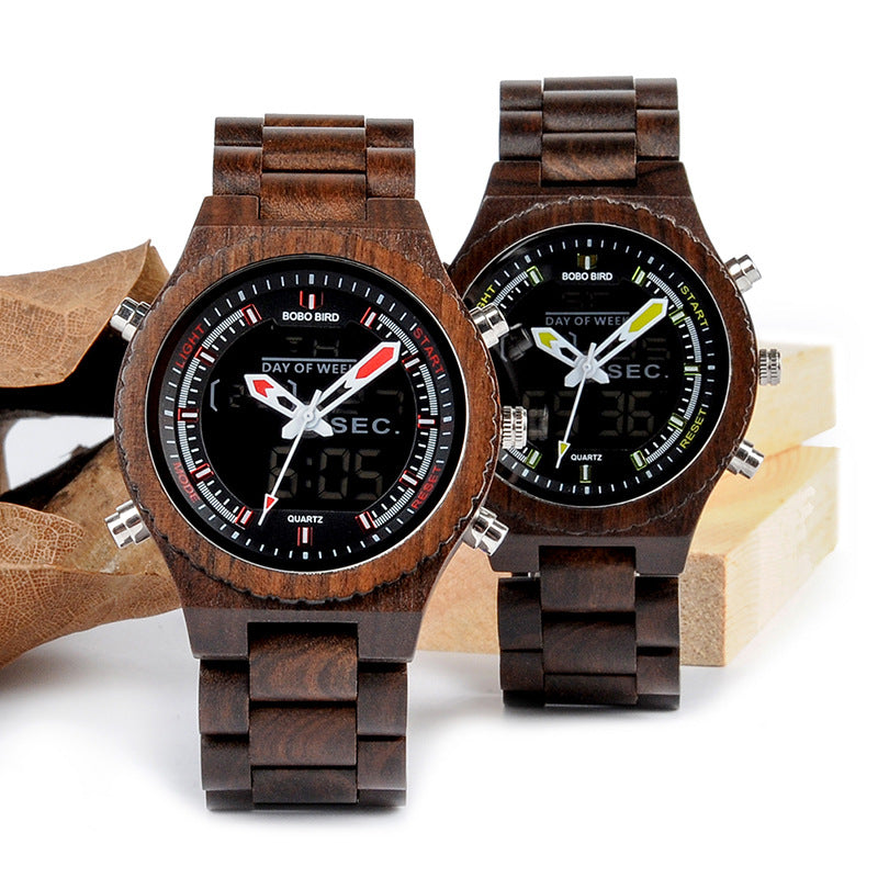 Holz-Armbanduhr mit Quarz- & LED-Anzeige – Bild 2 | LuxeStyle