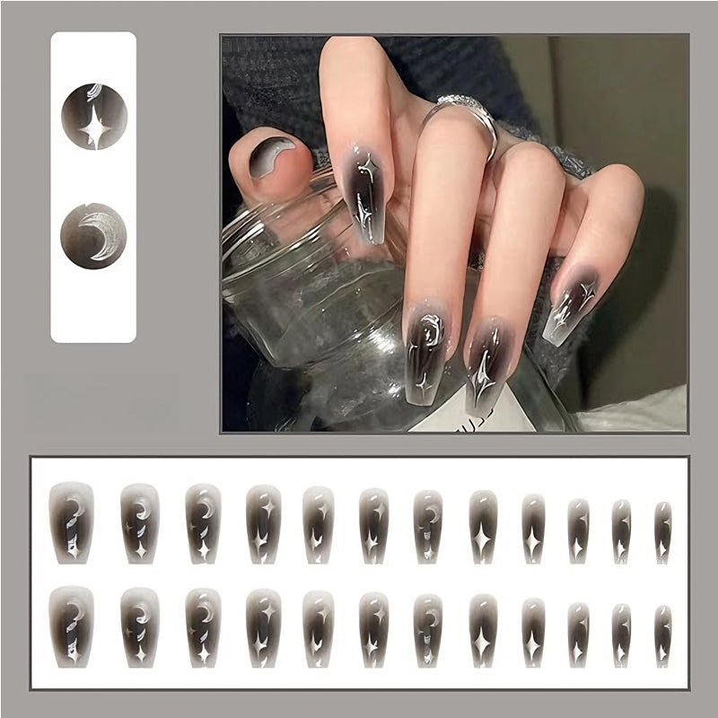 24 Stk. Schwarz-Silber Stern-Design, lange Fake Nails – Ansicht 5