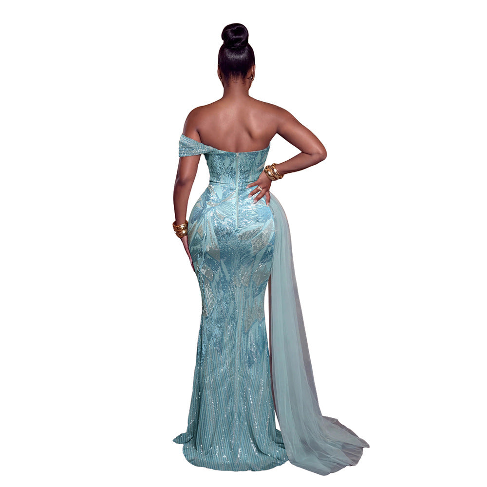 Off-Shoulder Paillettenkleid mit fliessenden Bändern