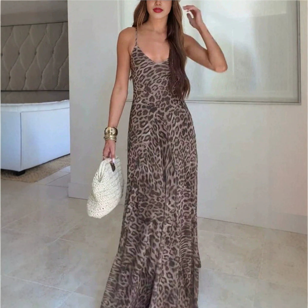 Leoparden-Print V-Ausschnitt Trägerkleid