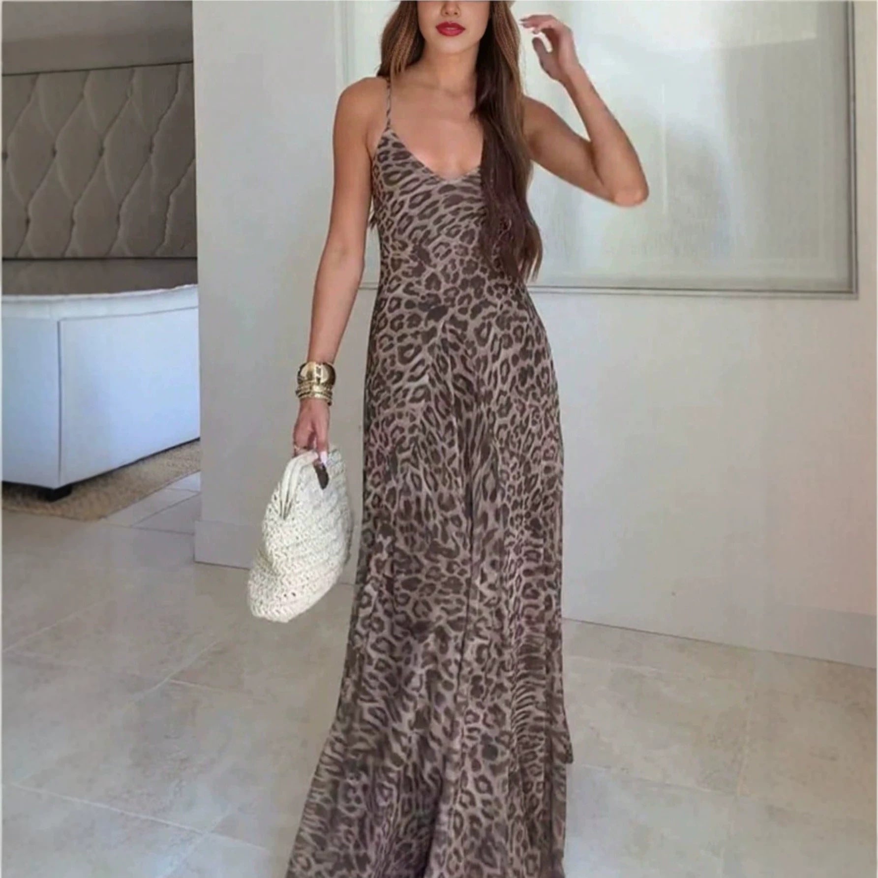 Leoparden-Print V-Ausschnitt Trägerkleid