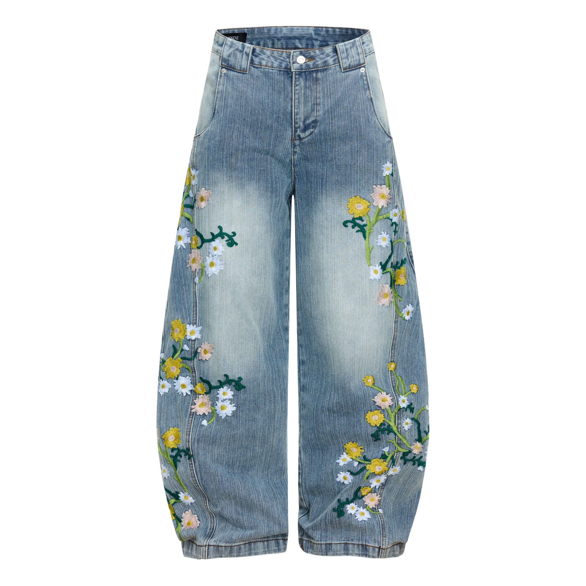 Jeans mit Blumenstickerei und weitem Bein