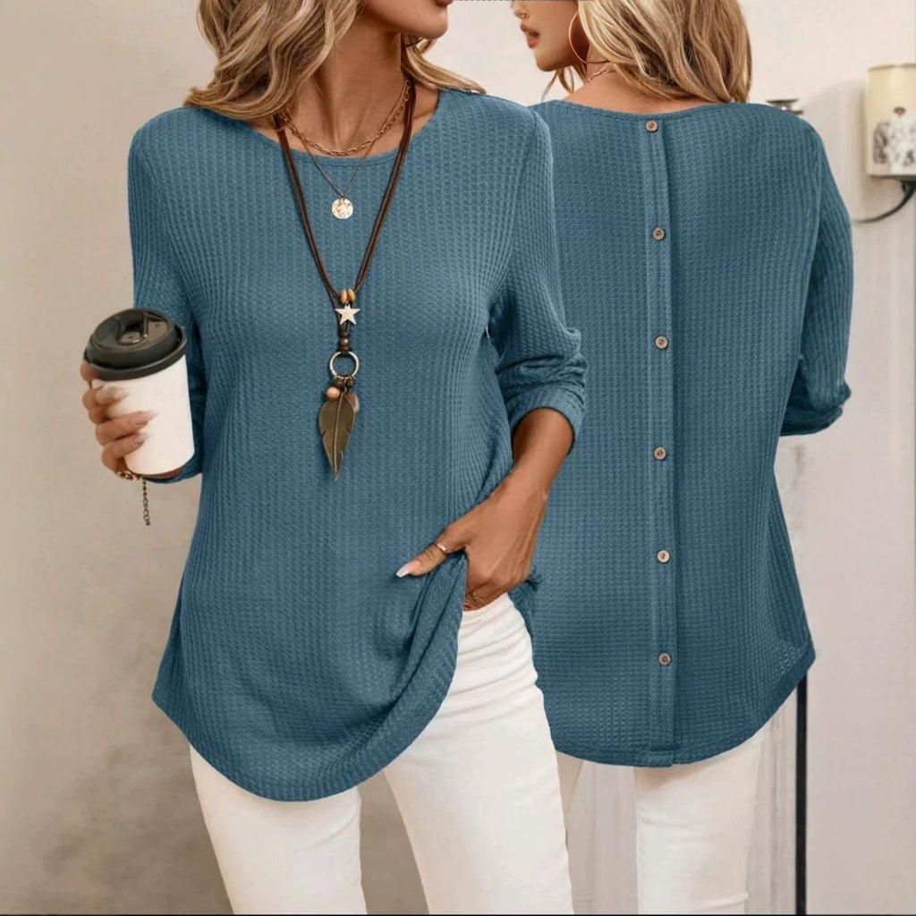 Waffle-Strick Langarmshirt mit Rückenknöpfen