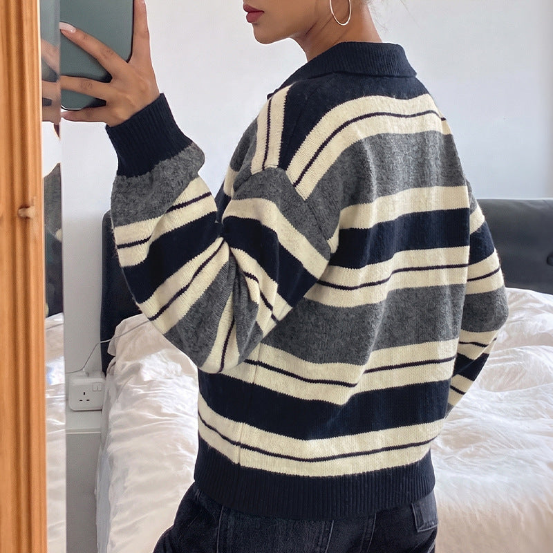 Gestreifter Color-Block V-Neck Strickpullover