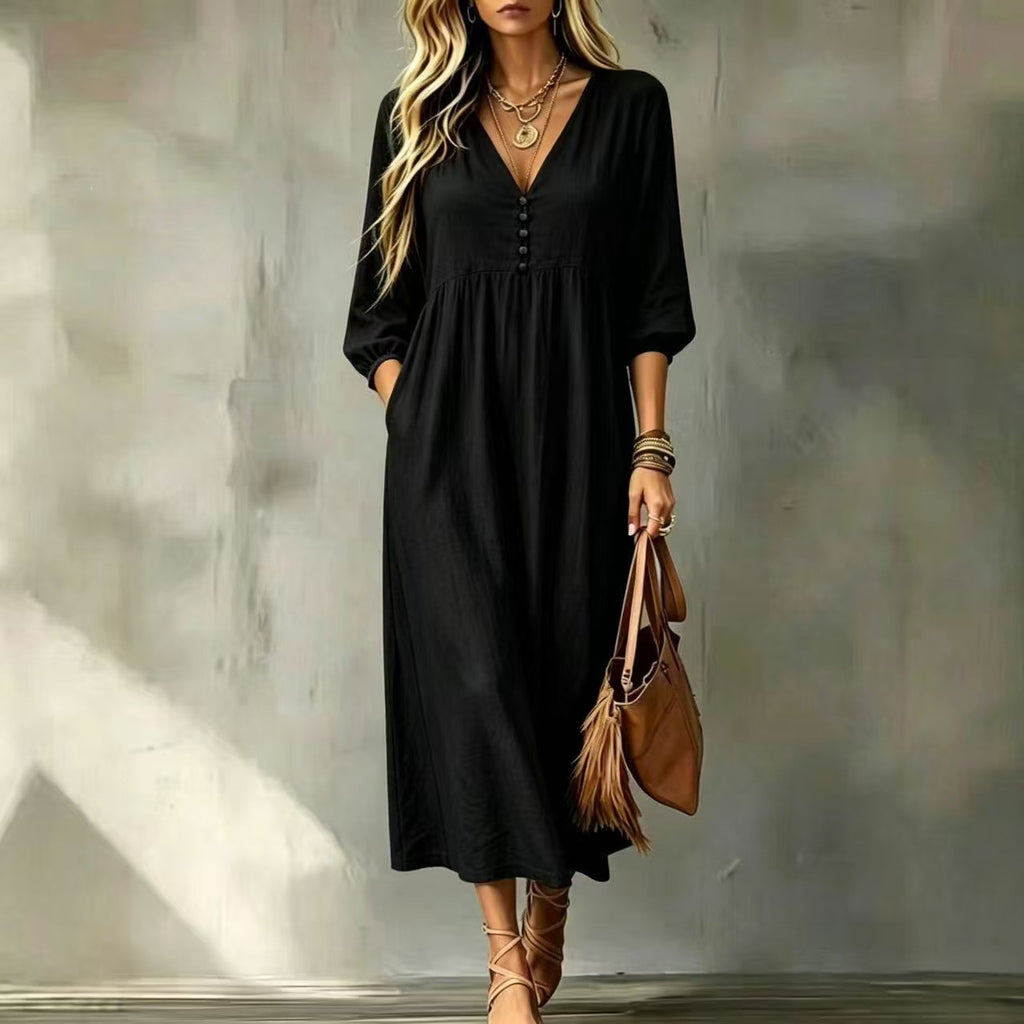 Midi-Kleid mit V-Ausschnitt und Knöpfen – Bild 3 | LuxeStyle