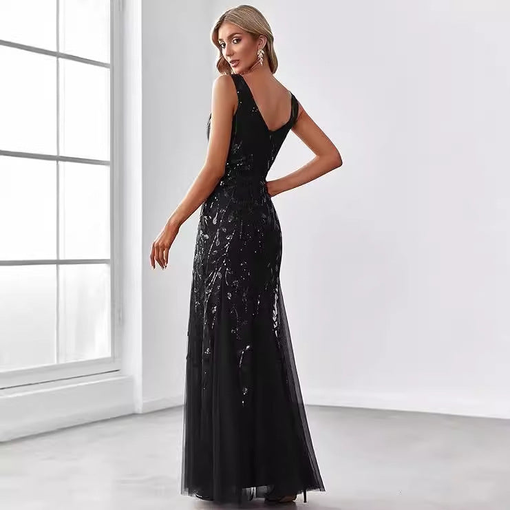 Formelles Paillettenkleid mit Doppel-V-Halsausschnitt | LuxeStyle