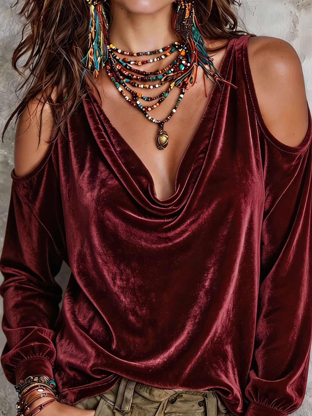 Samt Off-Shoulder Langarmshirt