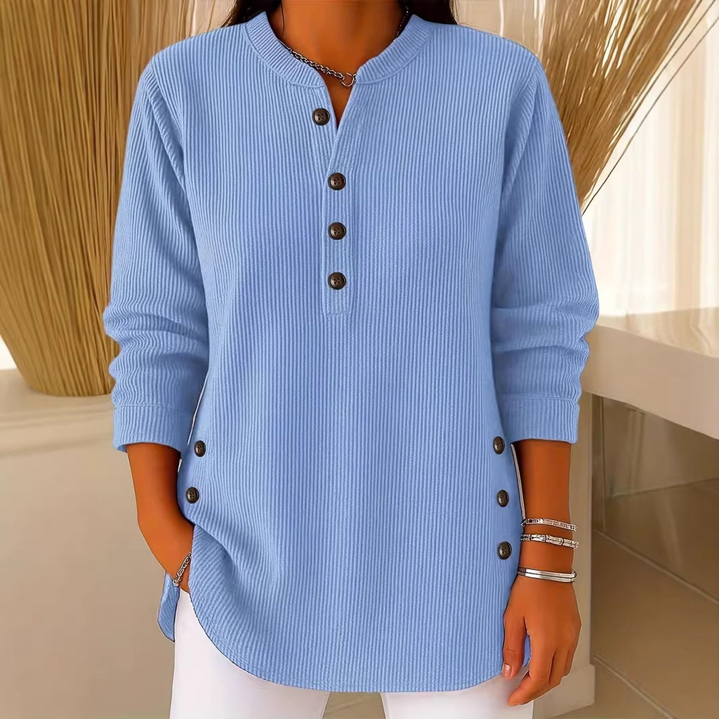 Corduroy V-Neck Langarmshirt mit Knöpfen