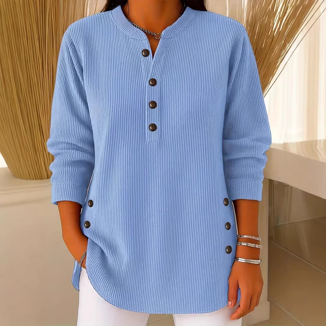 Corduroy Langarmshirt mit V-Ausschnitt und Knöpfen