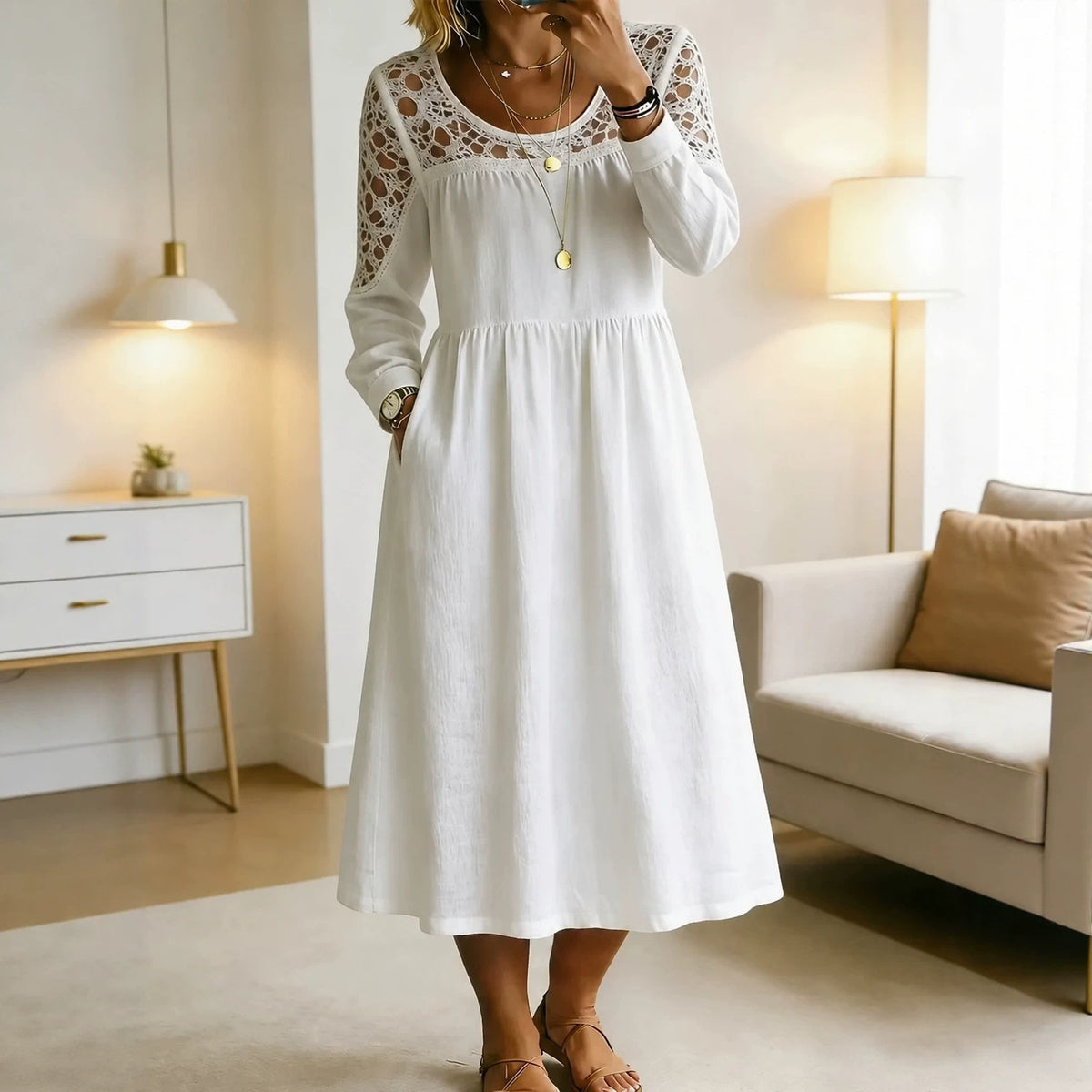 Besticktes A-Linien Midikleid aus Leinenmix – Bild 3 | LuxeStyle