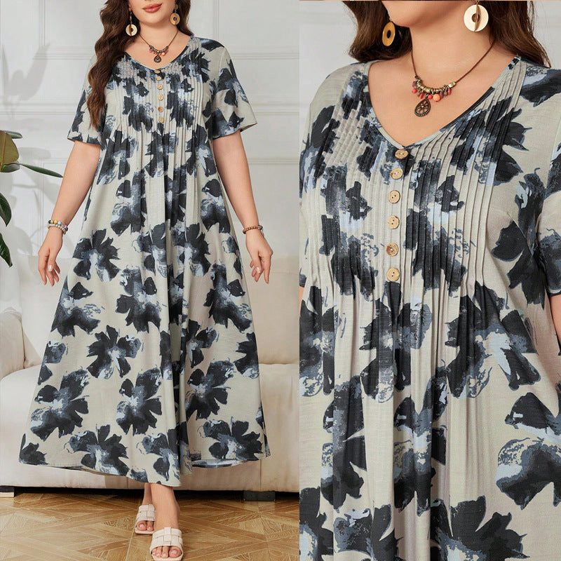Bedrucktes V-Ausschnitt A-Linien Kleid