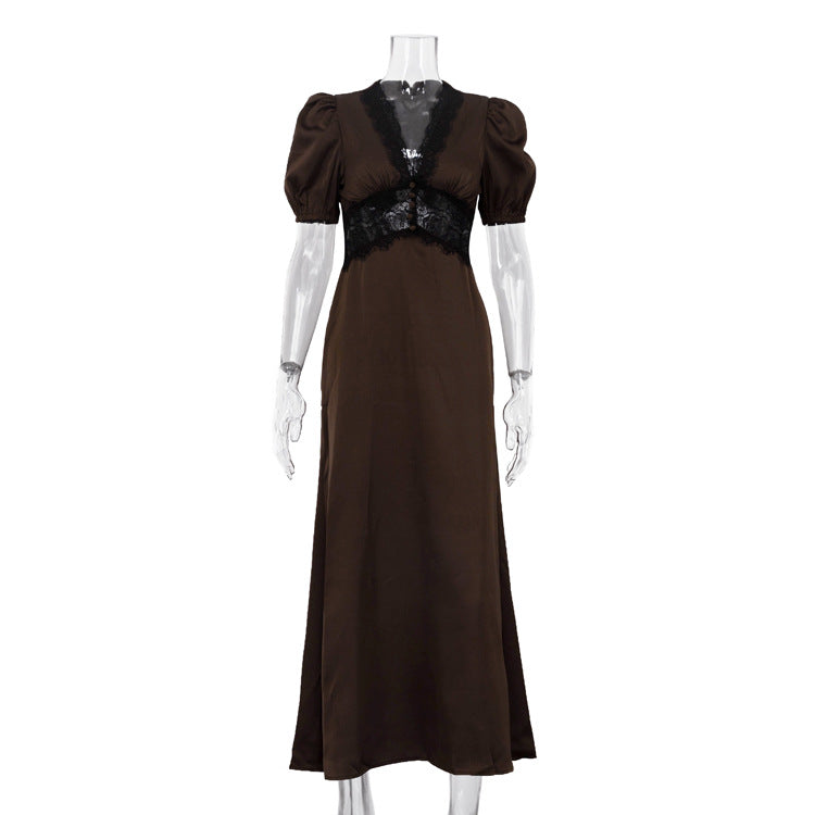 Rüschendekor V-Ausschnitt Volantsärmel Hohe Taille Kleid