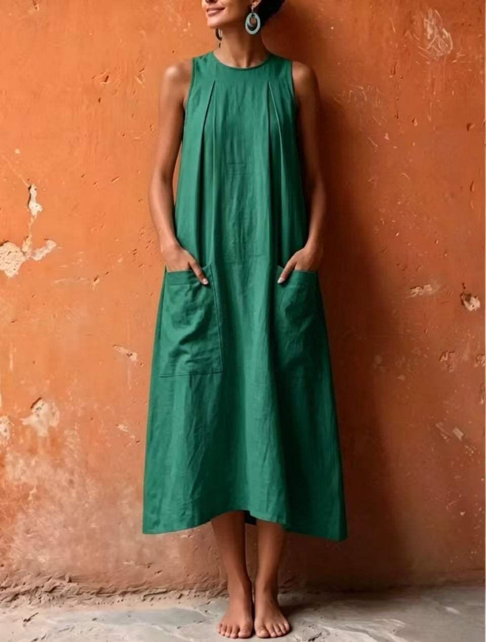 Einfarbiger Kurzarm-Lockerkleid mit Taschen
