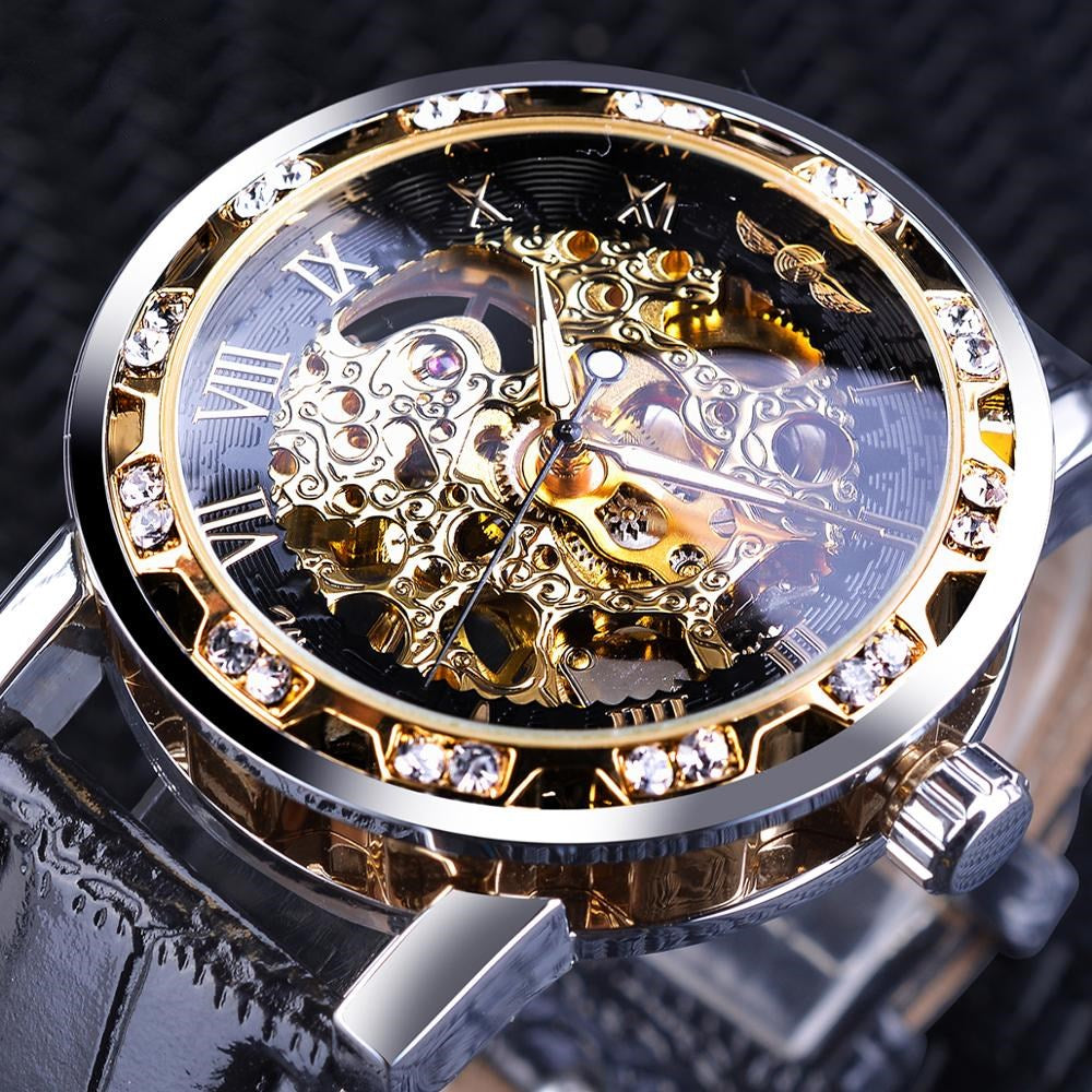 Mechanische Armbanduhr mit Strass und Lederband – Bild 3 | LuxeStyle