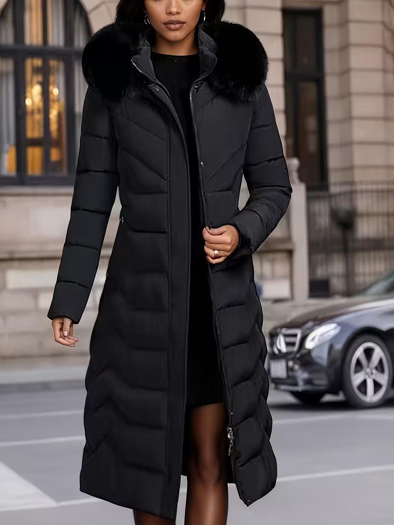 Schwarzer Langmantel mit Fellkragen – Bild 6 | LuxeStyle